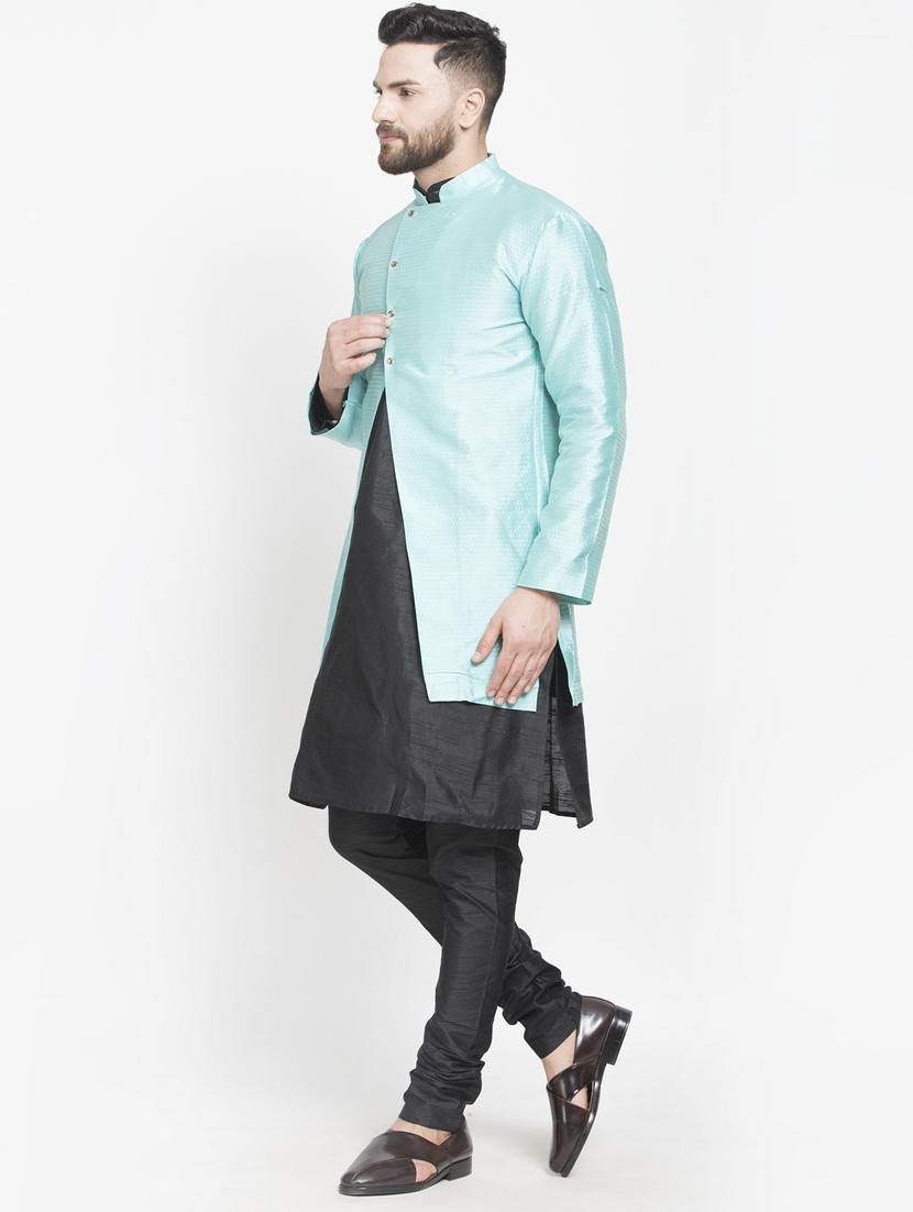 blue jacquard silk blend sherwani set - 17095351 - Zoom Image - 2