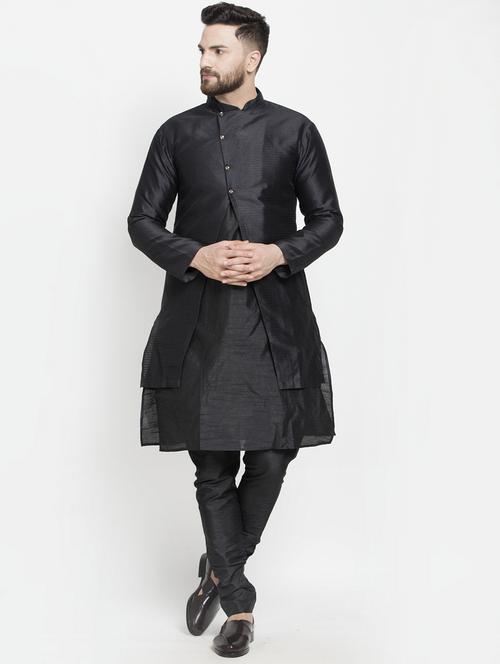 black jacquard silk blend sherwani set - 17095353 - Standard Image - 1