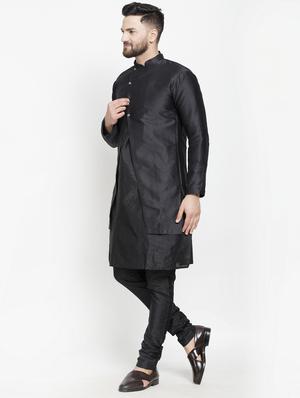 black jacquard silk blend sherwani set - 17095353 - Standard Image - 2