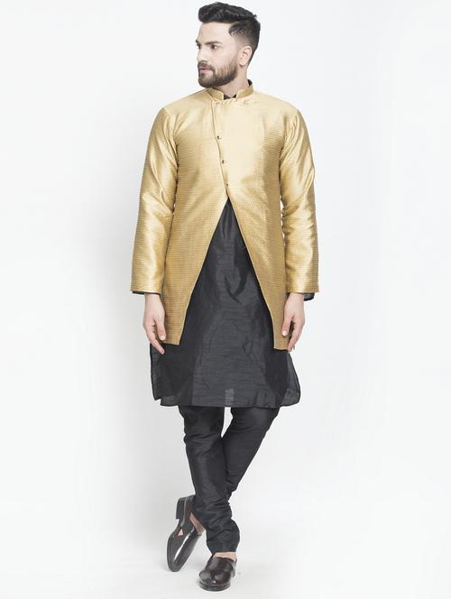beige jacquard silk blend sherwani set - 17095355 - Standard Image - 1