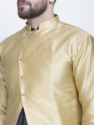 beige jacquard silk blend sherwani set - 17095355 - Standard Image - 4