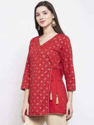 red gold print angrakha kurti - 17095462 - Standard Image - 2