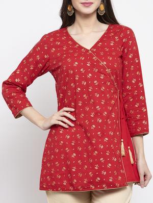 red gold print angrakha kurti - 17095462 - Standard Image - 4