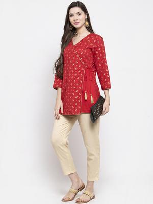 red gold print angrakha kurti - 17095462 - Standard Image - 5