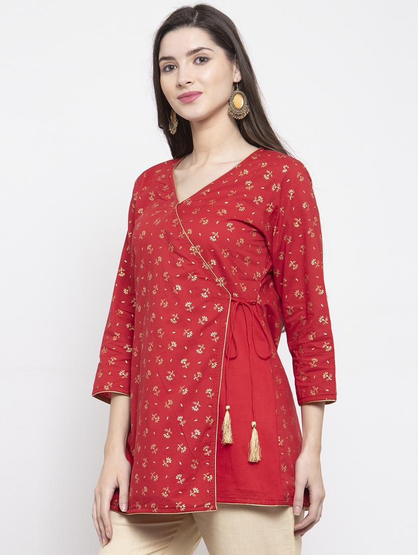 red gold print angrakha kurti - 17095462 - Zoom Image - 2