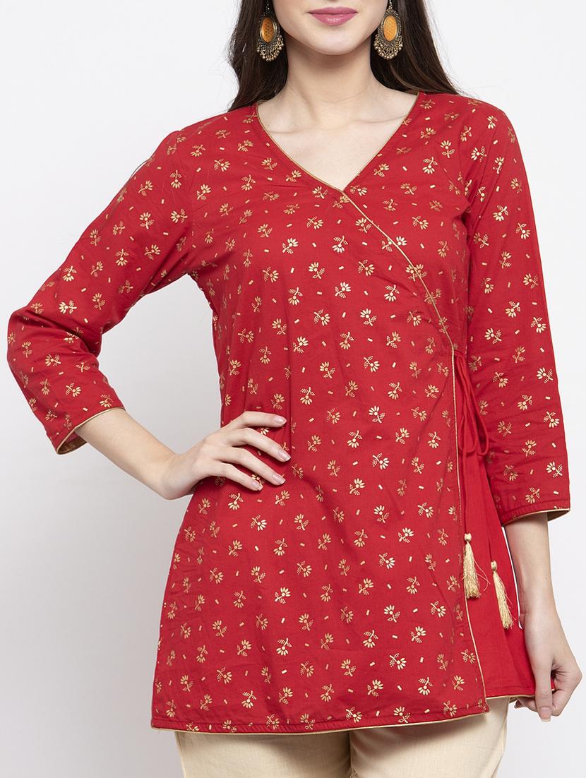 red gold print angrakha kurti - 17095462 - Zoom Image - 4