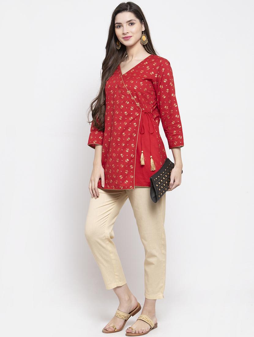 red gold print angrakha kurti - 17095462 - Zoom Image - 5