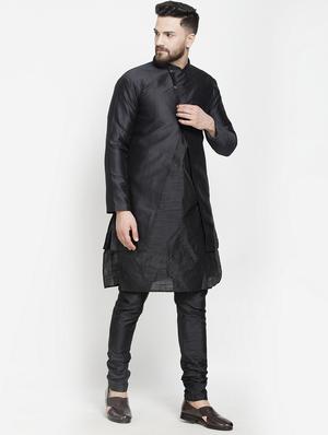 black jacquard silk blend sherwani set - 17095475 - Standard Image - 2