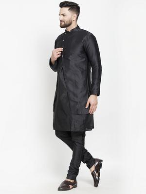 black jacquard silk blend sherwani set - 17095475 - Standard Image - 3