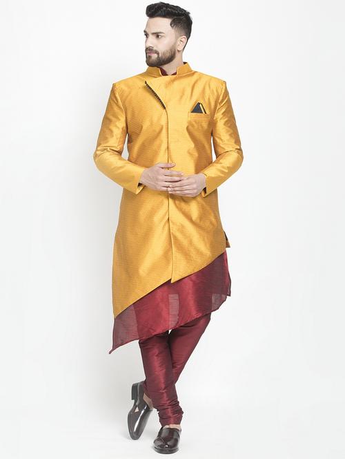 gold jacquard silk blend sherwani set - 17095553 - Standard Image - 1