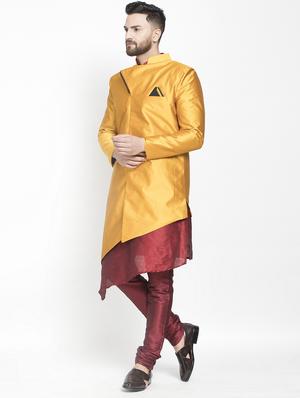 gold jacquard silk blend sherwani set - 17095553 - Standard Image - 2