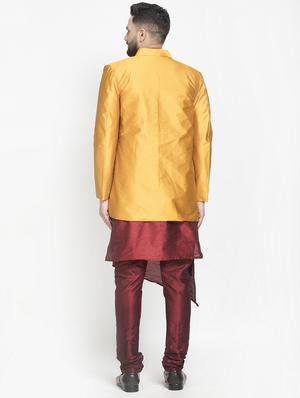 gold jacquard silk blend sherwani set - 17095553 - Standard Image - 3