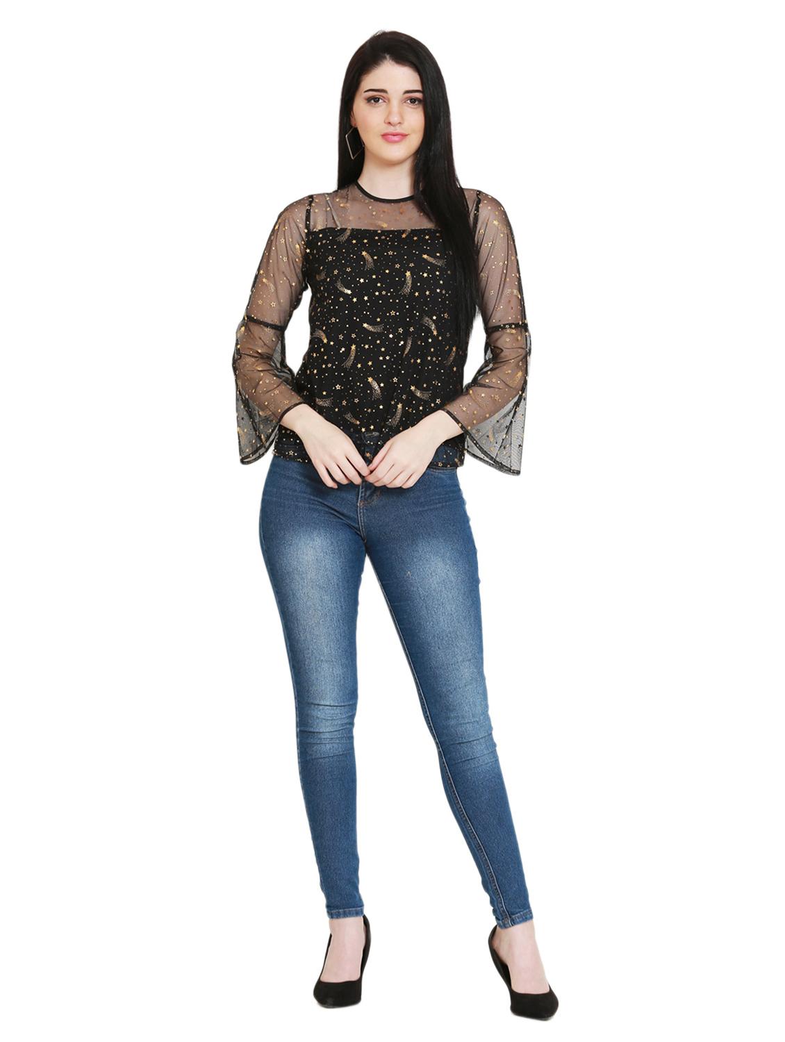 gold print bell sleeves top - 17096132 - Zoom Image - 4