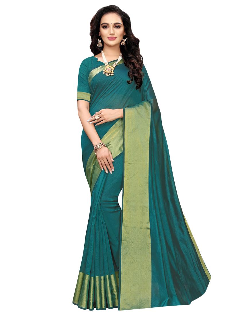 turquoise chanderi saree with blouse - 17096466 - Zoom Image - 1