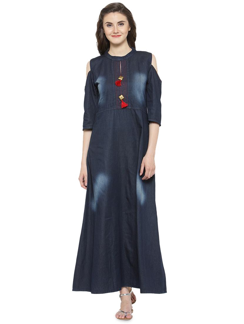 solid denim a-line kurta - 17097790 - Zoom Image - 1