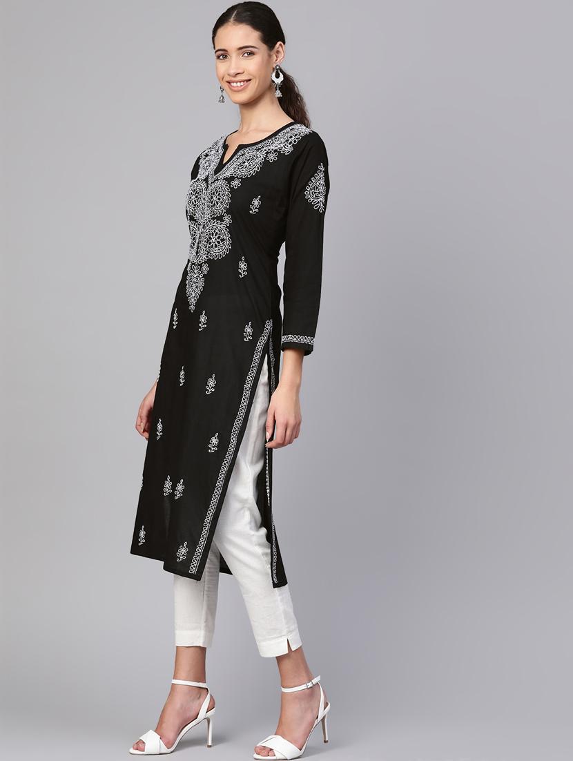 ada hand embroidered black pure cambric cotton lucknow chikankari kurta - 17098973 - Zoom Image - 2