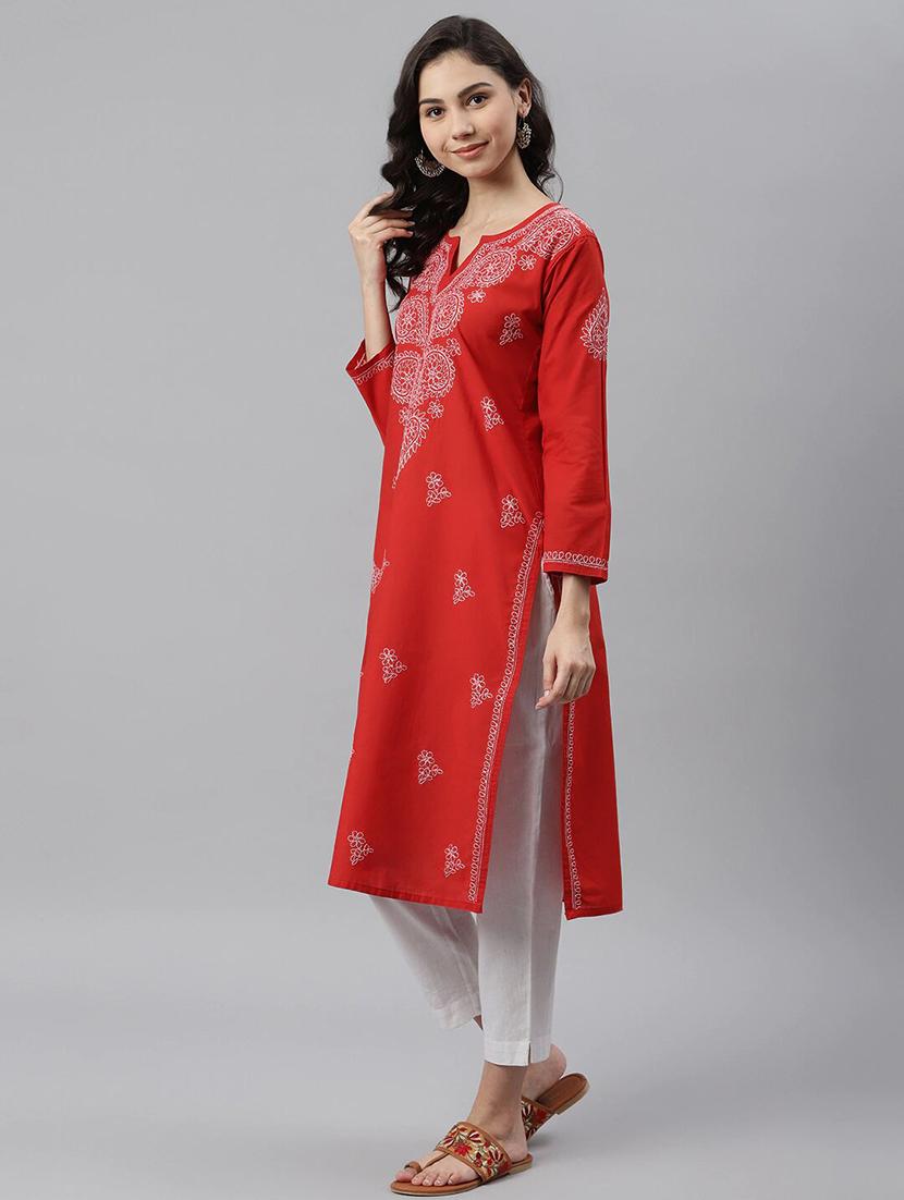 ada hand embroidered red cotton lucknowi chikankari kurta - 17098974 - Zoom Image - 2