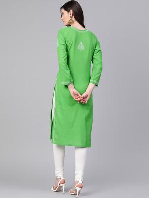 ada hand embroidered green cotton lucknow chikankari kurta - 17098975 - Standard Image - 3