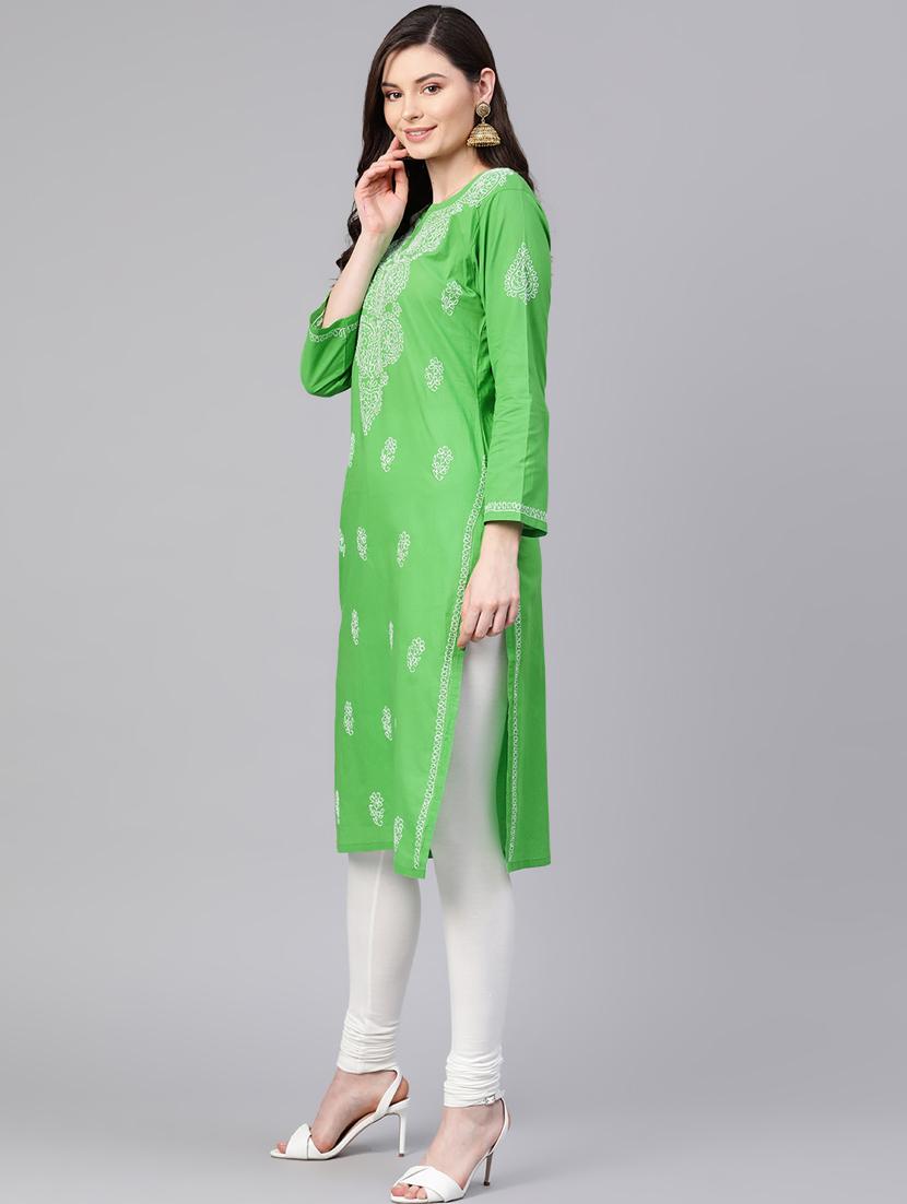 ada hand embroidered green cotton lucknow chikankari kurta - 17098975 - Zoom Image - 2