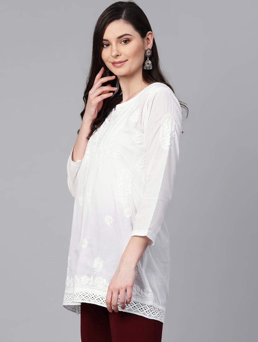 ada hand-embroidered white chikankari a-line kurti - 17098984 - Zoom Image - 2