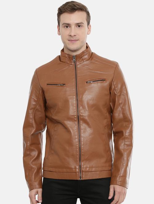 brown solid pu biker jacket - 17099004 - Standard Image - 1