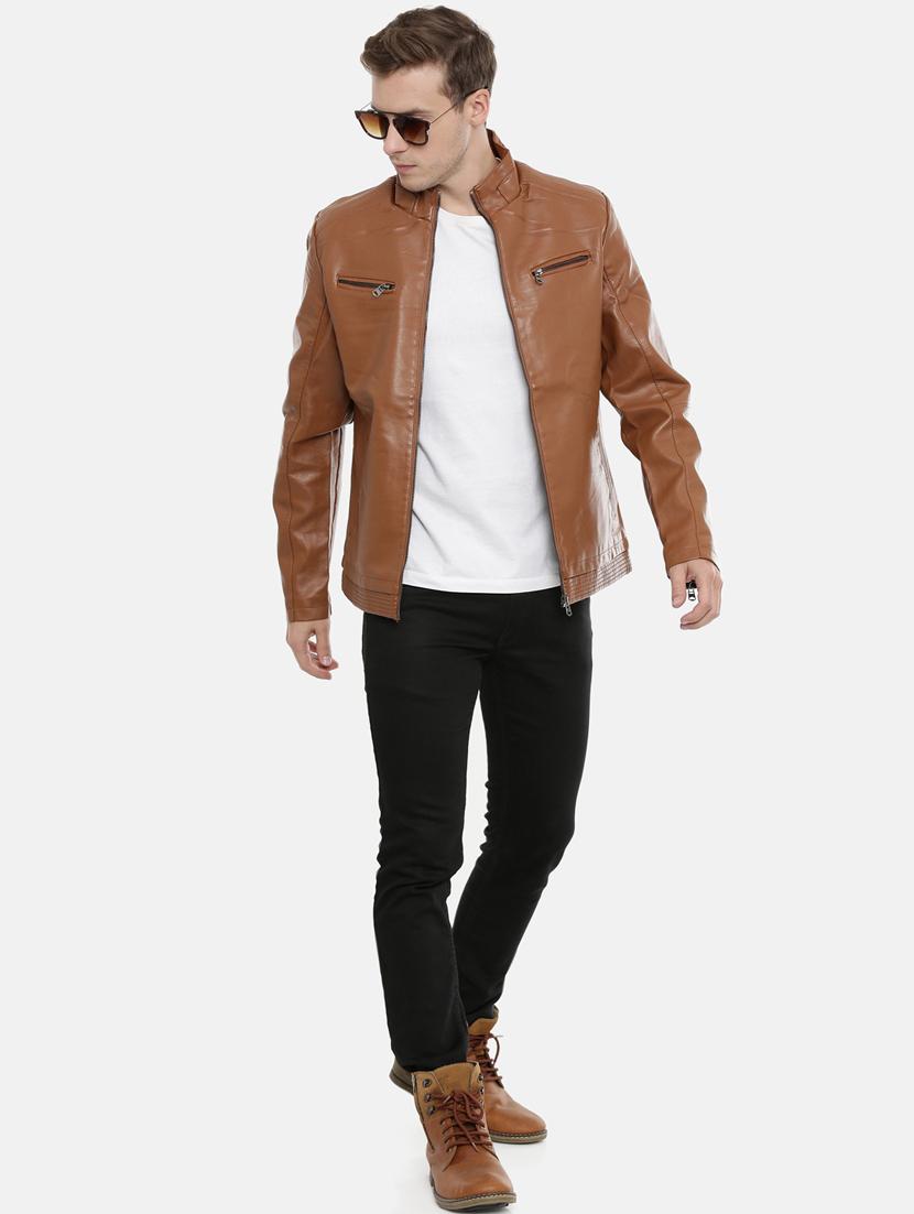 brown solid pu biker jacket - 17099004 - Zoom Image - 4