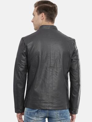 grey solid pu biker jacket - 17099008 - Standard Image - 3
