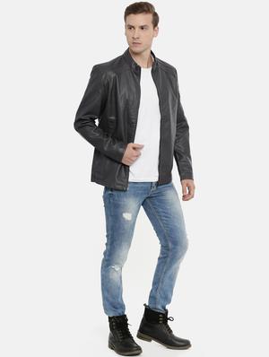 grey solid pu biker jacket - 17099008 - Standard Image - 4