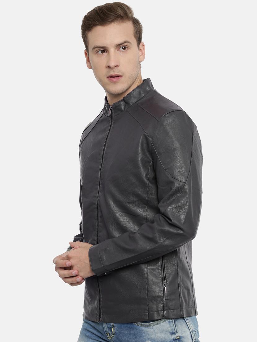 grey solid pu biker jacket - 17099008 - Zoom Image - 2