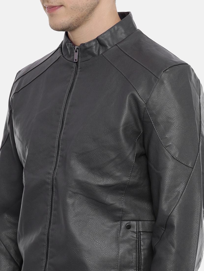 grey solid pu biker jacket - 17099008 - Zoom Image - 5