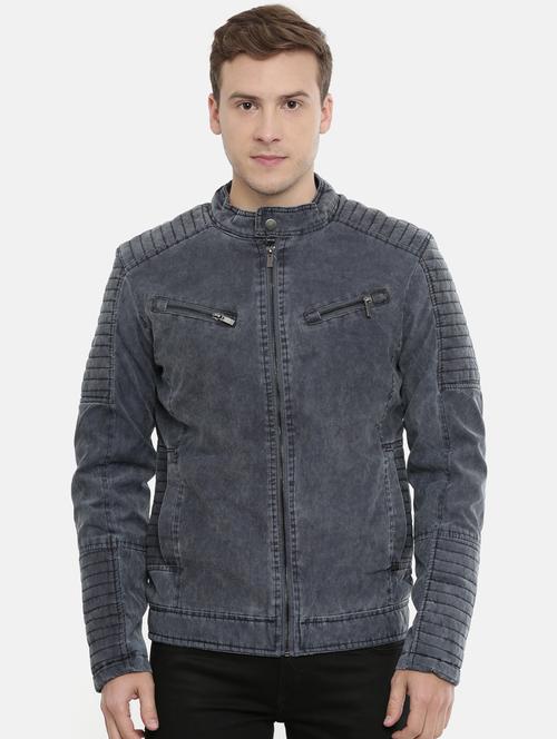 grey solid biker jacket - 17099010 - Very Small Image - 1