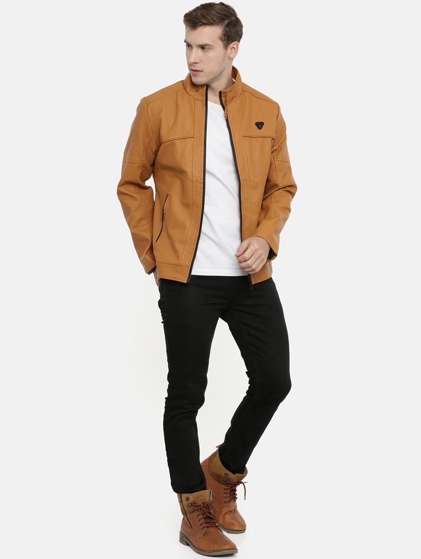 beige solid pu biker jacket - 17099015 - Zoom Image - 4