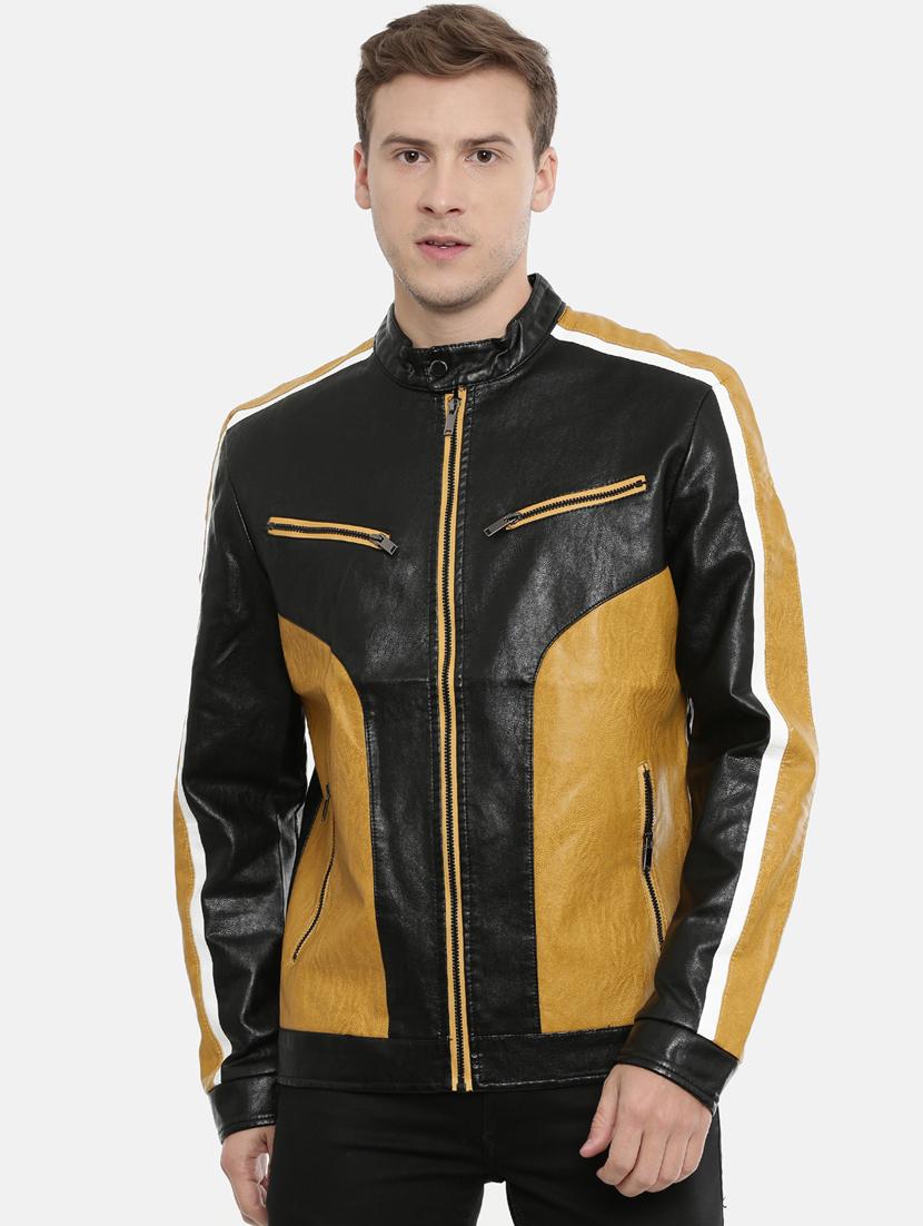 black color block pu biker jacket - 17099019 - Zoom Image - 1
