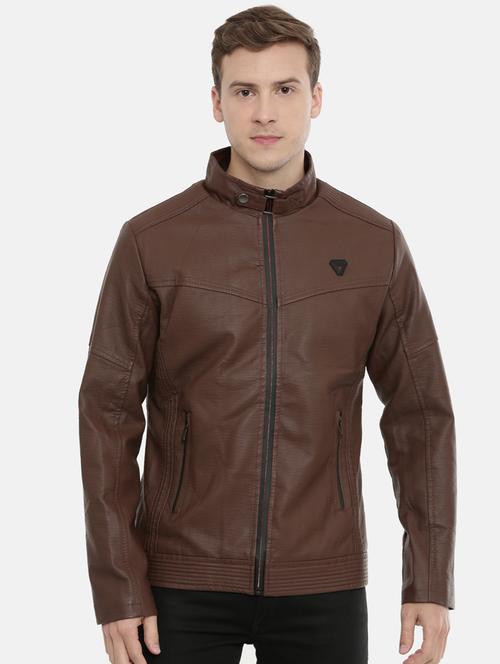 brown solid pu biker jacket - 17099025 - Standard Image - 1