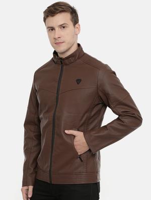 brown solid pu biker jacket - 17099025 - Standard Image - 2