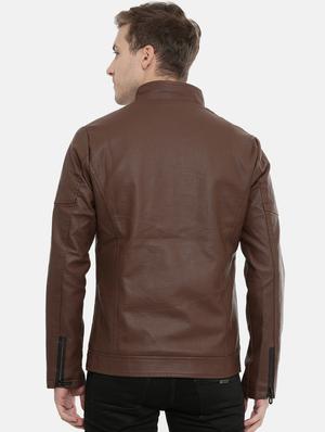 brown solid pu biker jacket - 17099025 - Standard Image - 3