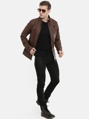 brown solid pu biker jacket - 17099025 - Standard Image - 4