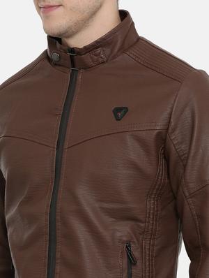 brown solid pu biker jacket - 17099025 - Standard Image - 5
