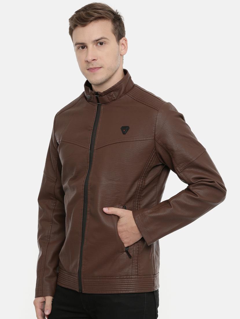 brown solid pu biker jacket - 17099025 - Zoom Image - 2