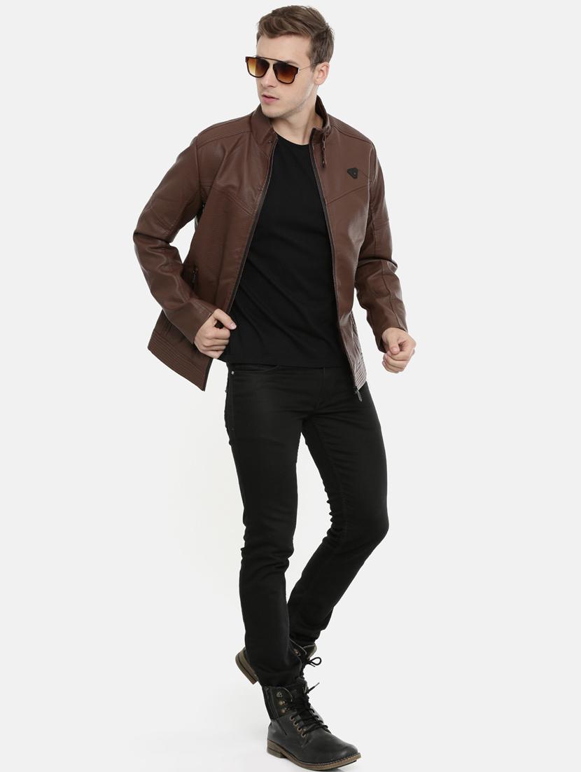 brown solid pu biker jacket - 17099025 - Zoom Image - 4