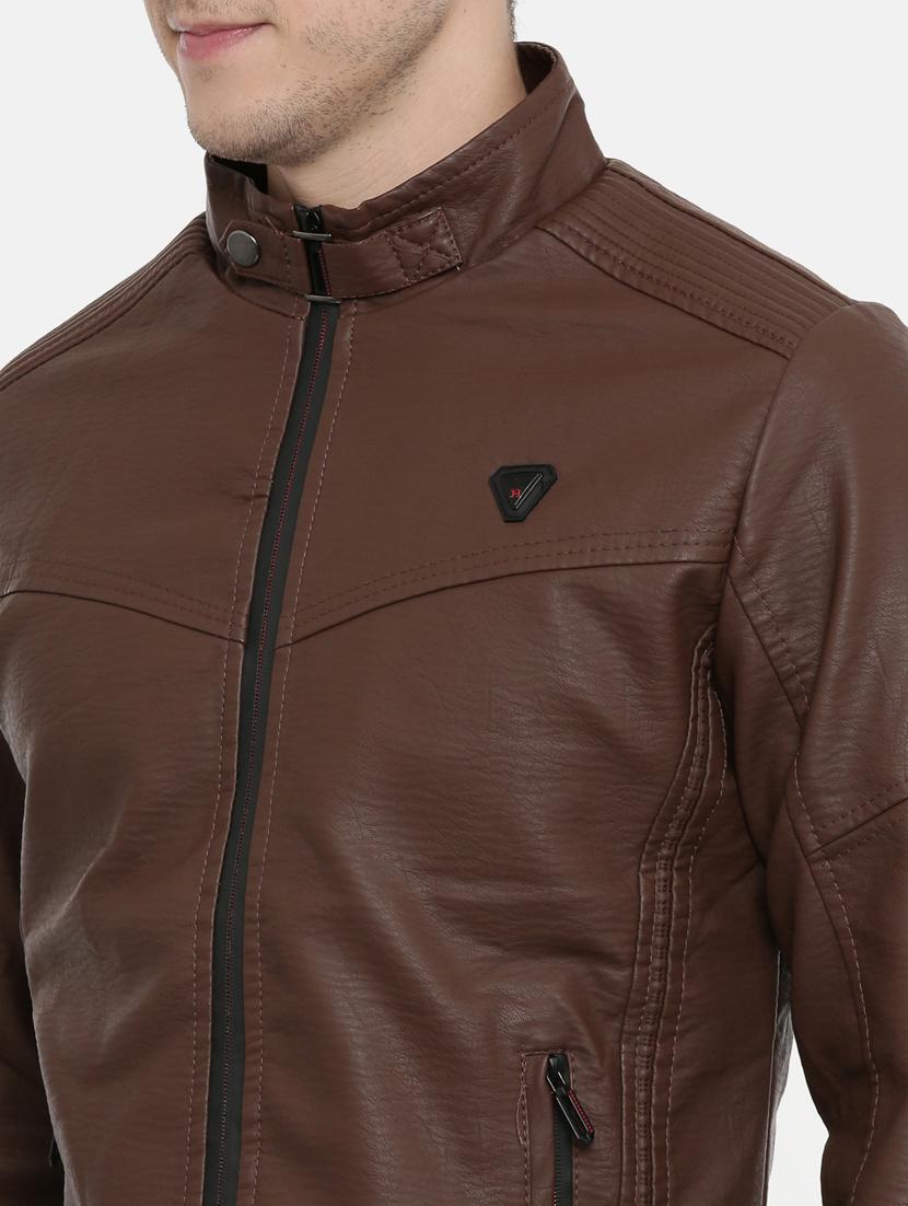 brown solid pu biker jacket - 17099025 - Zoom Image - 5
