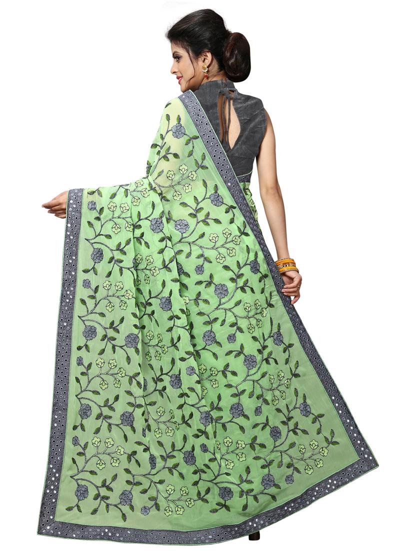 green chiffon embroidered saree with blouse - 17100507 - Zoom Image - 2