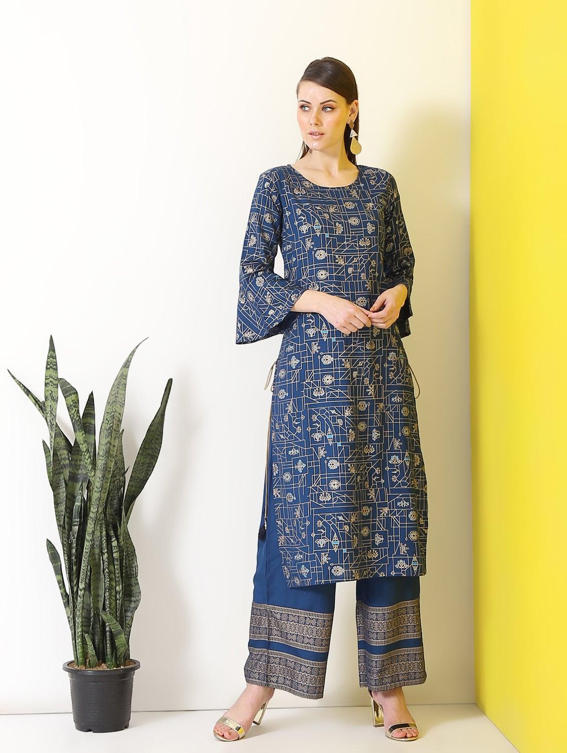 printed straight kurta palazzo set - 17101967 - Zoom Image - 1