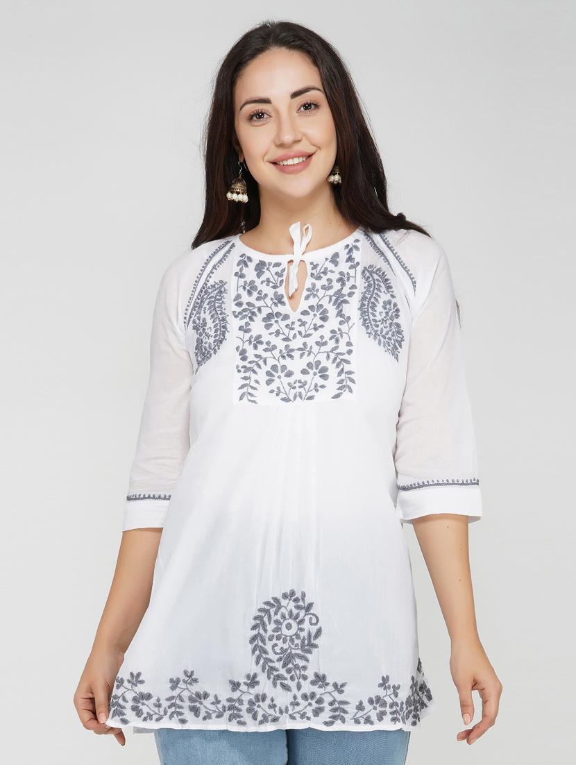 tie up neck chikankari top - 17102208 - Zoom Image - 1