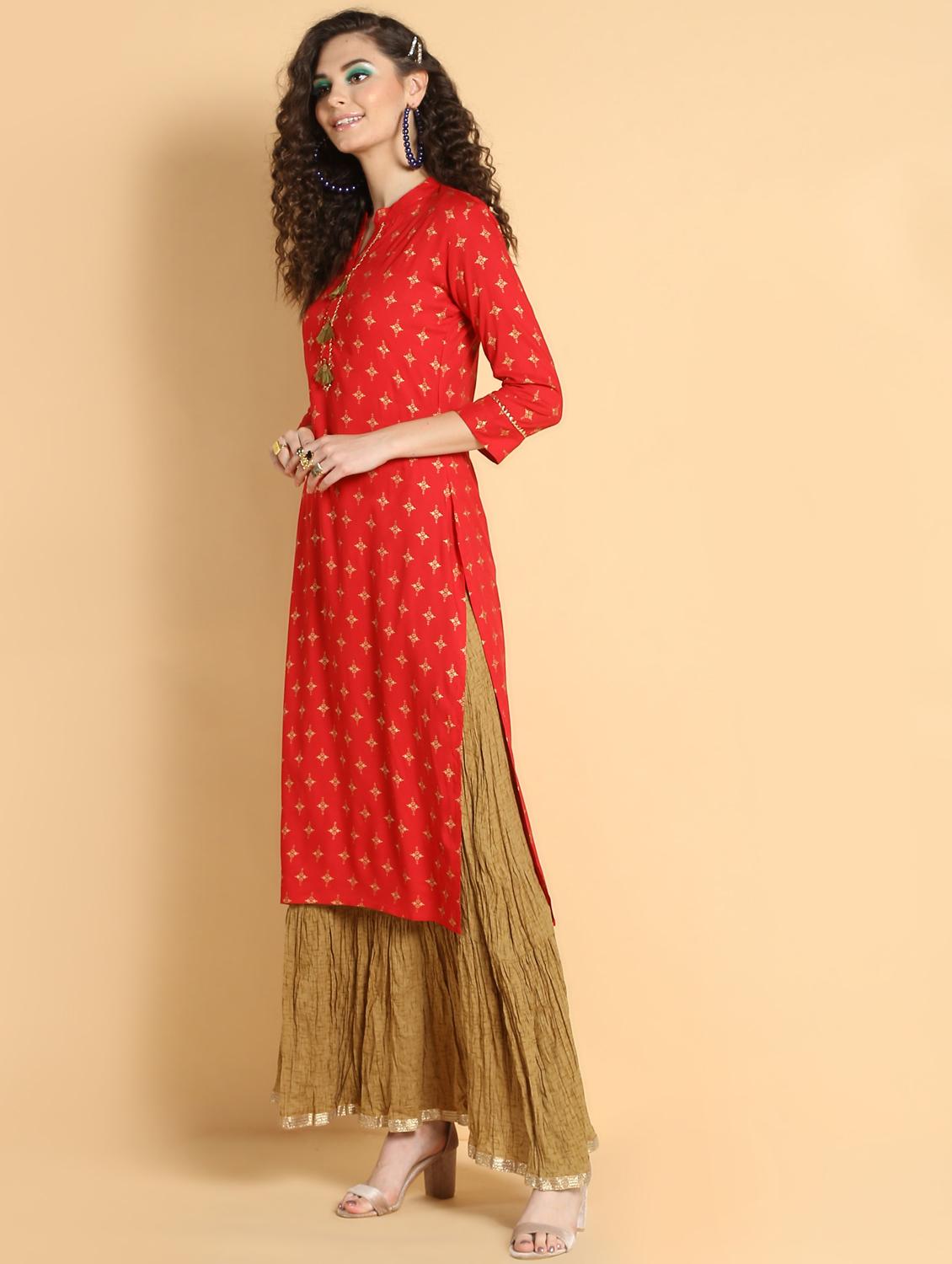 printed straight kurta skirt set - 17103780 - Zoom Image - 2