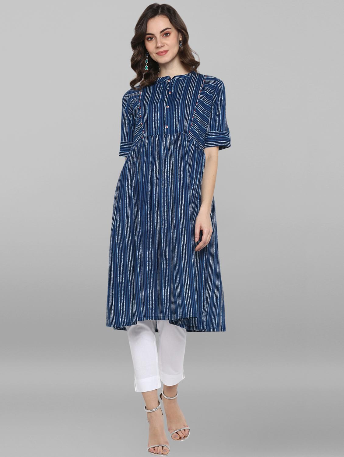 indigo striped flared kurta - 17104517 - Zoom Image - 1