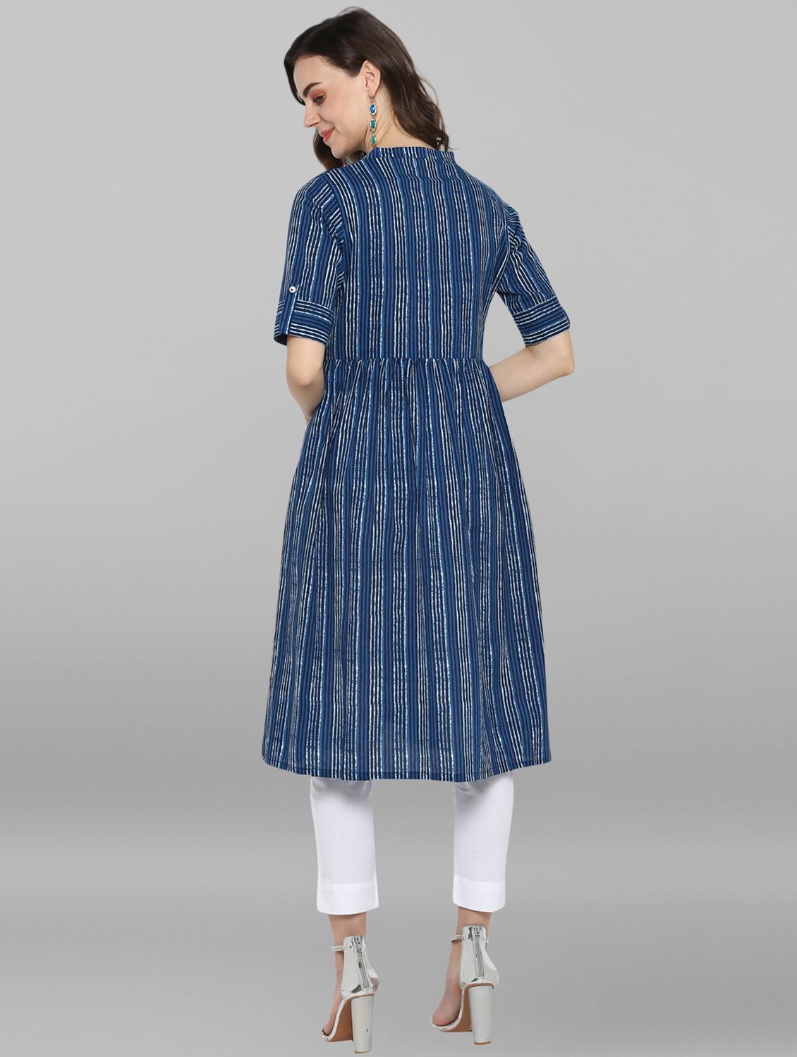 indigo striped flared kurta - 17104517 - Zoom Image - 3