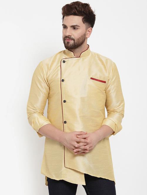 beige solid silk blend asymmetric short kurta - 17110399 - Standard Image - 1