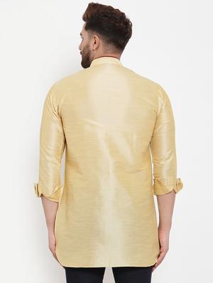 beige solid silk blend asymmetric short kurta - 17110399 - Standard Image - 2