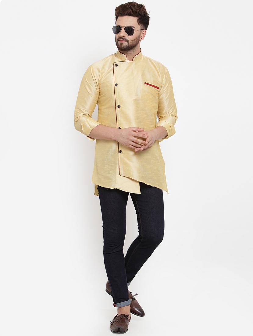 beige solid silk blend asymmetric short kurta - 17110399 - Zoom Image - 3
